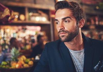 Fototapeta premium Relax, thinking and businessman in bar of restaurant for job loss, depression and mental health. Serious, sad and male person with idea at club for career layoff crisis, unemployment and dismissal
