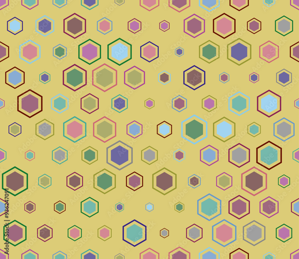 Poster tileable abstract background with multicolored geometric elements of varied sizes. hexagon mosaic pa