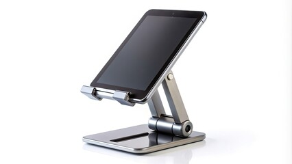 Adjustable desktop stand for holding smartphones or tablets at optimal viewing angles, isolated on a pure white background, ideal for showcasing mobile devices.