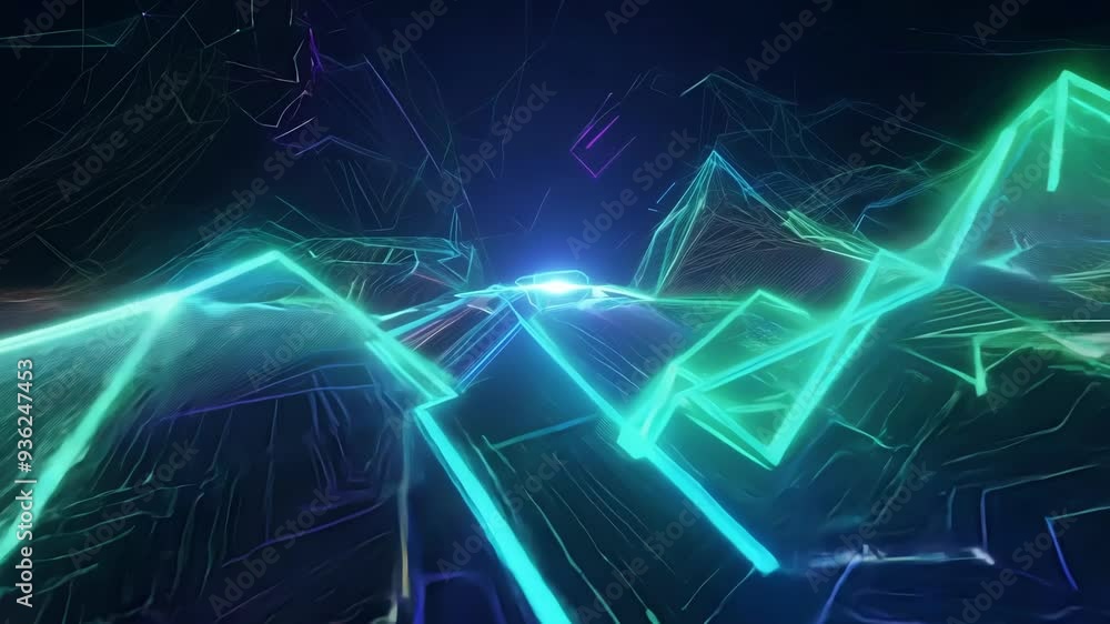 Poster glowing neon lines form a captivating futuristic landscape, blending vibrant colors and abstract sha