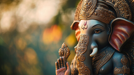 Obraz premium Happy Ganesh Chaturthi, Happy Diwali, Close up of Golden Lord Ganesha Statue with grey black Skin in Mumbai Garden, copy space concept 
