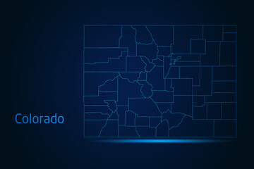 Abstract High Detailed Glow Blue Map on Dark Background of Map of Colorado symbol for your web site design map logo, app, Travel. Vector illustration eps 10.	

