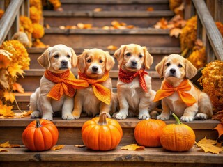 Adorable fall puppies, wrapped in vibrant orange bows and scarves, playfully gather on wooden back steps amidst a warm, autumnal arrangement of pumpkins and foliage.