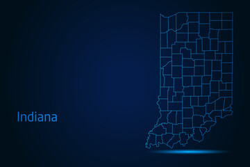 Obraz premium Abstract High Detailed Glow Blue Map on Dark Background of Map of Indiana symbol for your web site design map logo, app, Travel. Vector illustration eps 10. 