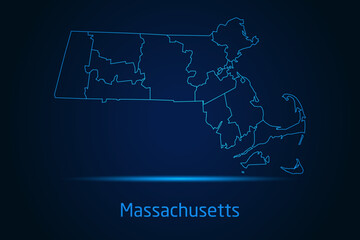 Abstract High Detailed Glow Blue Map on Dark Background of Map of Massachusetts symbol for your web site design map logo, app, Travel. Vector illustration eps 10.	
