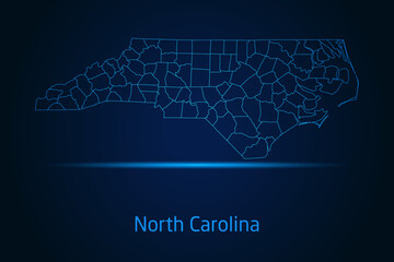Abstract High Detailed Glow Blue Map on Dark Background of Map of North Carolina symbol for your web site design map logo, app, Travel. Vector illustration eps 10.	

