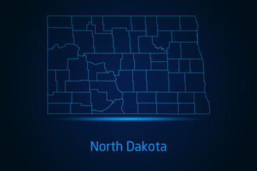 Abstract High Detailed Glow Blue Map on Dark Background of Map of North Dakota symbol for your web site design map logo, app, Travel. Vector illustration eps 10.	
