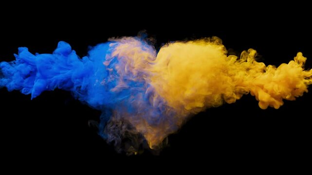 3D animation of blue and yellow smoke turning into a heart shape. With Alpha Channel. When blue and yellow smoke move towards each other, the smoke collides and mixes, forming a heart shape.