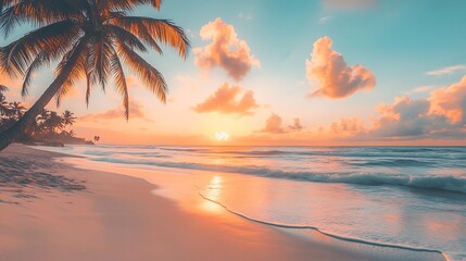 Palm Tree Silhouette at Sunset on a Sandy Beach