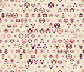 Hexagon geometric shapes background. Multicolored geometric elements of varied size. Bold rounded stacked hexagon cells. Hexagon cells. Tileable pattern. Seamless vector illustration.