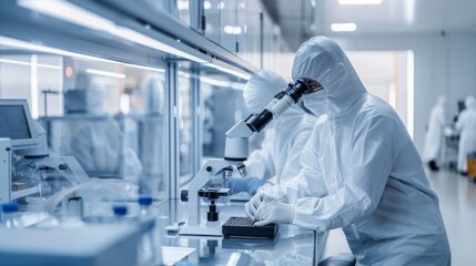 Two scientists clad in protective clothing are focused on examining samples under a microscope in a sterile laboratory environment, highlighting their dedication to research