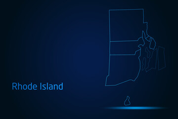 Abstract High Detailed Glow Blue Map on Dark Background of Map of Rhode Island symbol for your web site design map logo, app, Travel. Vector illustration eps 10.	

