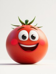 A smiling red tomato with green leaves and large white eyes, blushing with a white, open mouth and teeth.