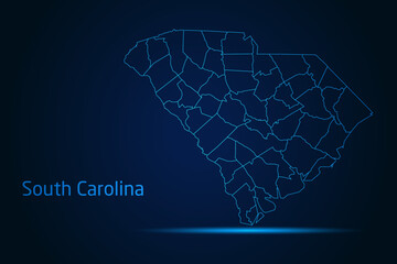 Abstract High Detailed Glow Blue Map on Dark Background of Map of South Carolina symbol for your web site design map logo, app, Travel. Vector illustration eps 10.	
