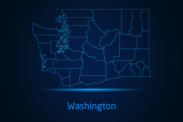 Abstract High Detailed Glow Blue Map on Dark Background of Map of Washington symbol for your web site design map logo, app, Travel. Vector illustration eps 10.	
