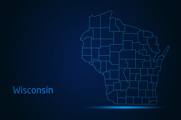 Abstract High Detailed Glow Blue Map on Dark Background of Map of Wisconsin symbol for your web site design map logo, app, Travel. Vector illustration eps 10.	
