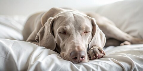 Adorable grey Weimaraner dog lies peacefully on its side, paws curled up, eyes closed, and nose relaxed, surrounded by soft white bedding and gentle light.