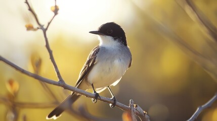 Fototapeta premium Eastern Kingbird on branch in sunlight, blurry background.