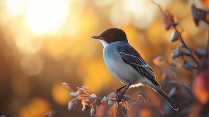 Naklejka premium Kingbird on branch, sunlight, blurry background.
