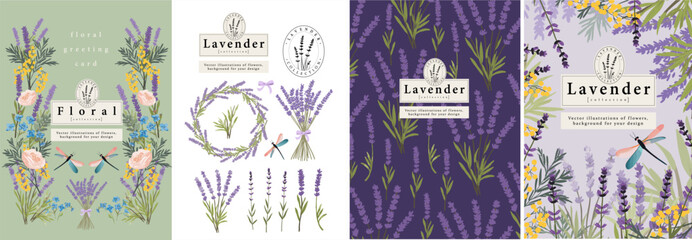 Lavender flower, flowers and floral ornament. Vector cute elegant illustration of purple lavender, wreath, bouquet, pattern. frame and design for background, greeting card, wedding invitation  © Ardea-studio