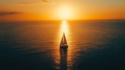 "Soothing Aerial View: Sailboat in a Still Hawaiian Ocean, Bathed in Sunlight with a Reflective Glow on the Calm Water, Creating a Picturesque Scene"