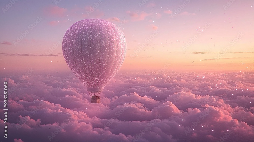 Sticker   Hot air balloon floating in starlit cloud-filled sky