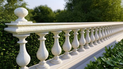 Fototapeta premium Elegant white balustrade edging a lush green garden in bright daylight showcasing detailed craftsmanship and natural beauty