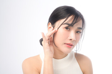 A portrait of young beautiful woman face with smooth healthy skin on white background , Skincare concept.