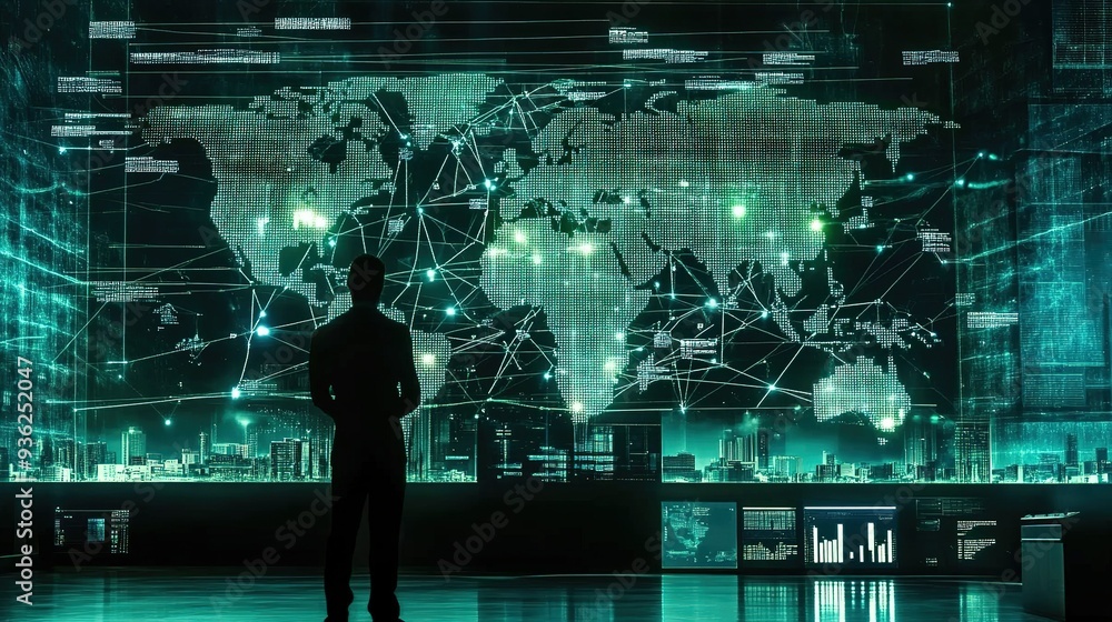 Poster a person analyzes global data on a digital map in a high-tech control room during the evening hours