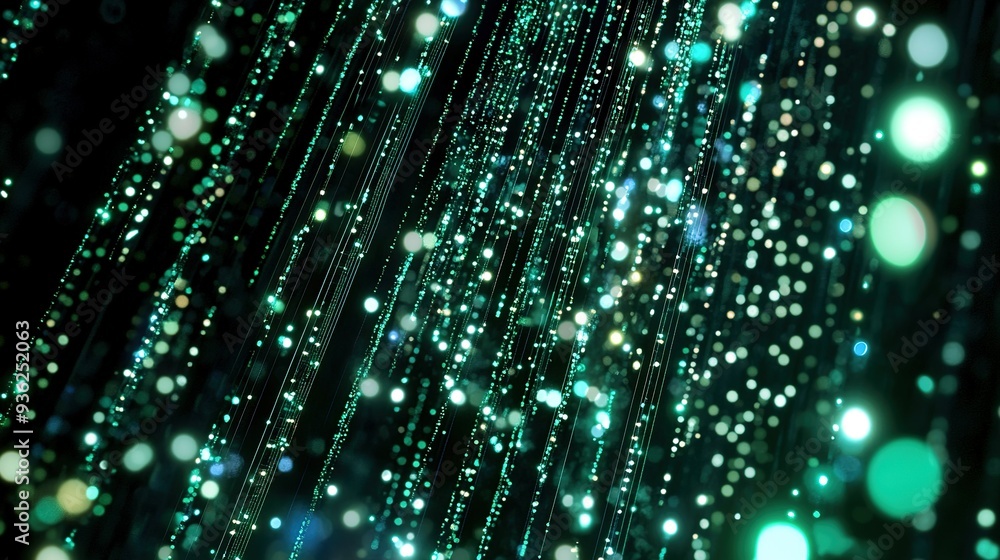 Poster glowing green particles cascade in a mesmerizing digital display, creating a vibrant atmosphere in a