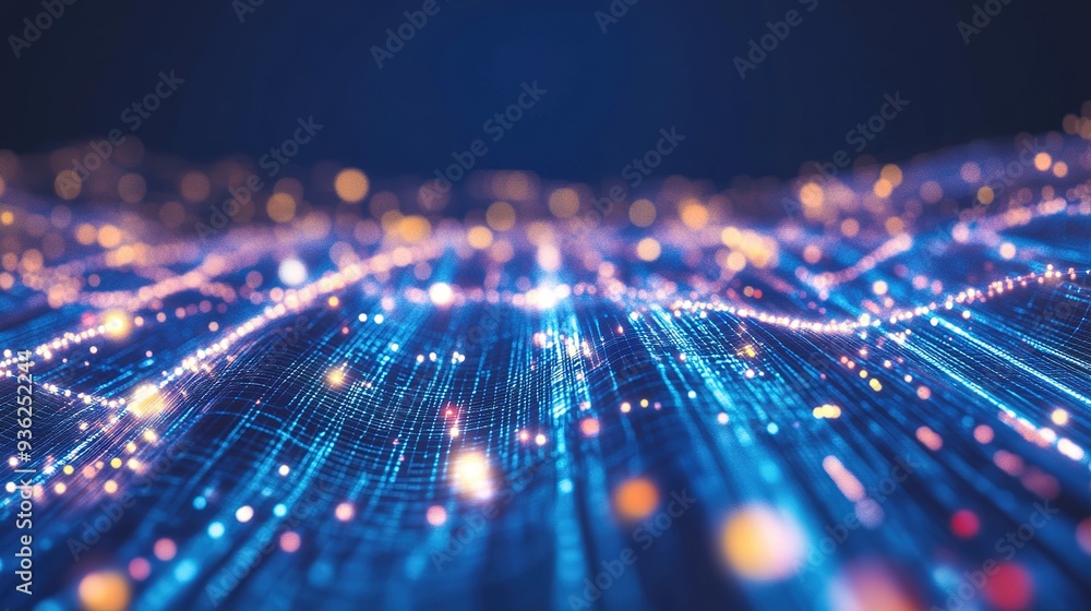 Poster an abstract representation of digital connections and data flow illuminated in blue and orange tones