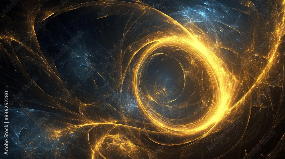 Poster dynamic swirling patterns of golden and blue light create an abstract cosmic scene with depth and te