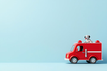 Fototapeta premium A playful toy fire truck with a dog perched on top, set against a minimalistic blue background, perfect for children's themes.