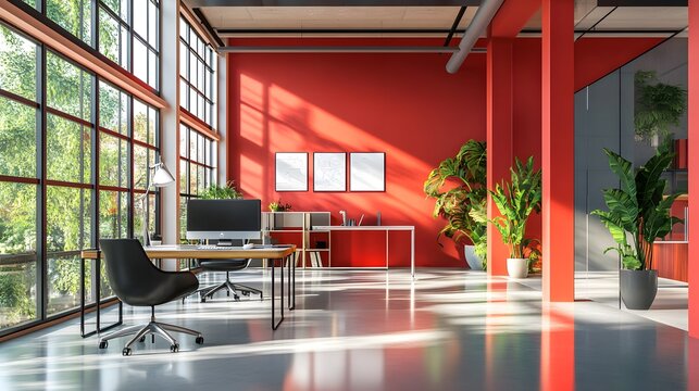 Modernes, helles B&uuml;ro mit stilvollem Design und nat&uuml;rlicher Beleuchtung