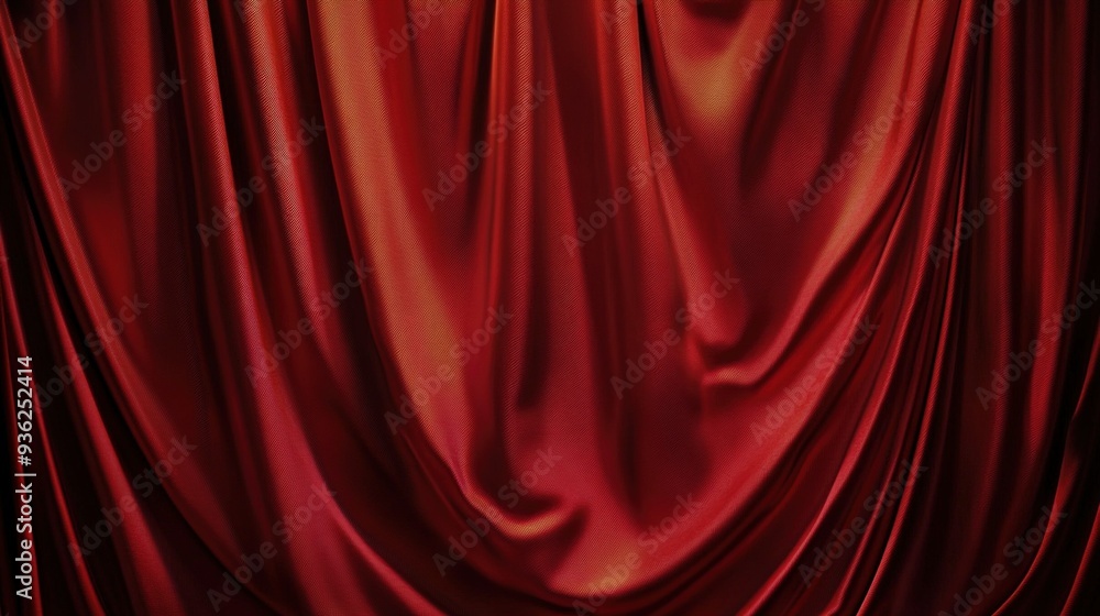 Poster rich red velvet curtain draping elegantly in a theater setting, creating an atmosphere of anticipati