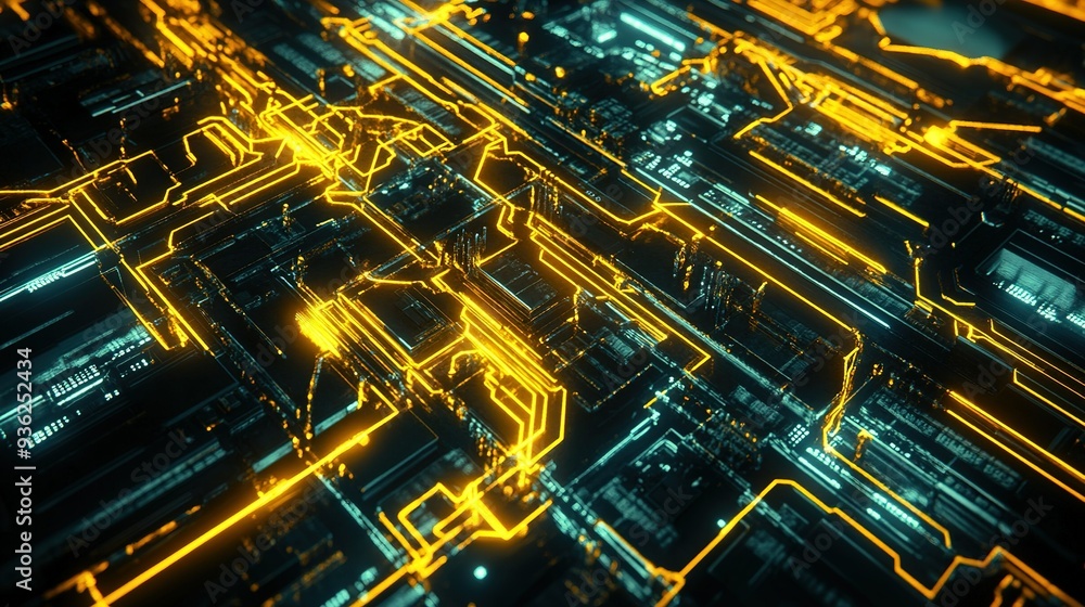 Aufkleber abstract view of a glowing circuit board in dark tones, depicting intricate lines and pathways of te