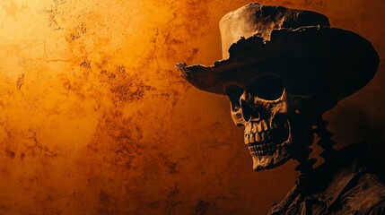 Skeleton in a cowboy outfit, shadow cast against a desert backdrop, western noir