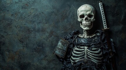 Fototapeta premium Skeleton in a samurai armor costume, shadow extending like a warrior's spirit, ancient warrior theme