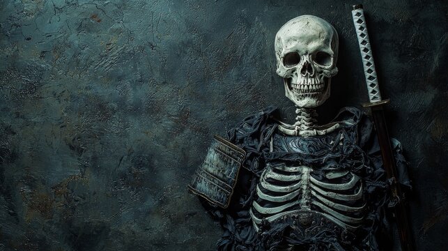 Skeleton in a samurai armor costume, shadow extending like a warrior's spirit, ancient warrior theme