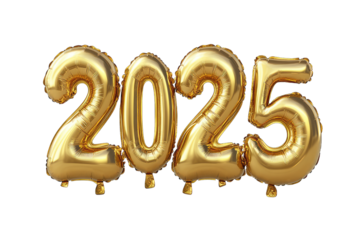 2025 Golden number helium balloons isolated background. Realistic foil balloon