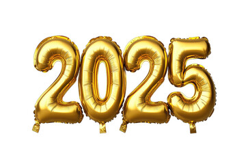 2025 Golden number helium balloons isolated background. Realistic foil balloon