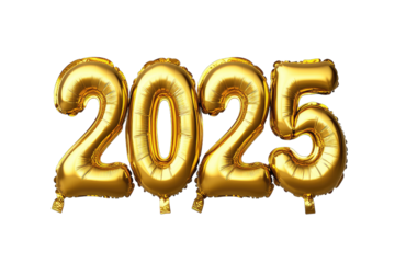 2025 Golden number helium balloons isolated background. Realistic foil balloon