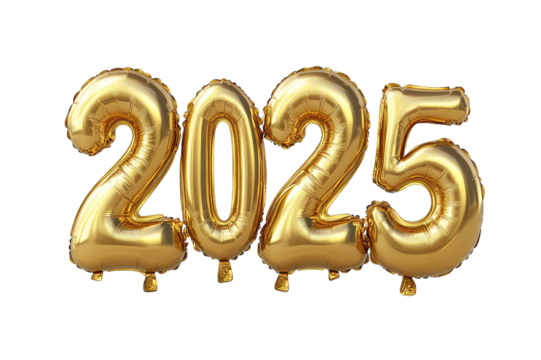 2025 Golden number helium balloons isolated background. Realistic foil balloon