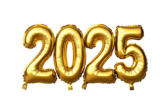 2025 Golden number helium balloons isolated background. Realistic foil balloon