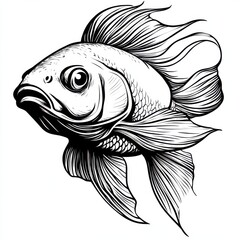 Outline illustration of a black and white fish for drawing and coloring on white background