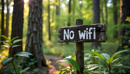 Rustic Wooden Sign in Lush Forest - 'No WiFi' Symbolizing Digital Detox in Nature