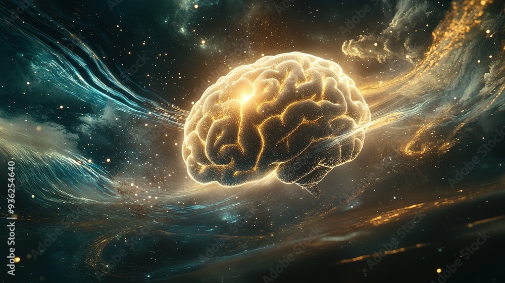 Poster a glowing brain emerges from cosmic clouds during a mesmerizing journey through the universe's myste
