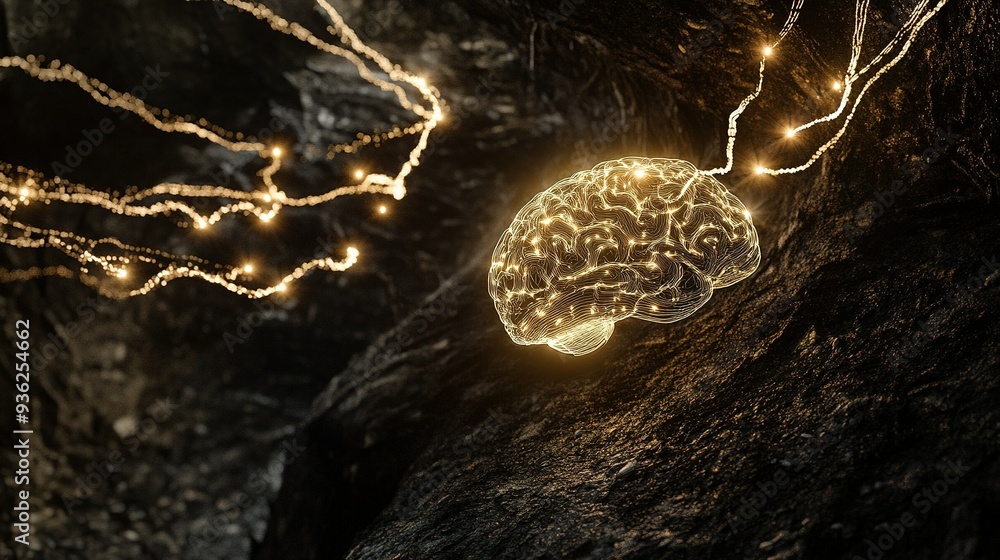 Poster a glowing brain connected by luminous threads in a dark cave setting, illustrating the concept of ne