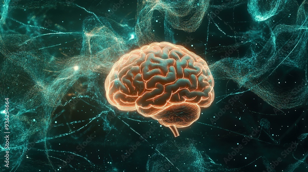 Poster a futuristic representation of a glowing brain surrounded by swirling data streams in a digital univ