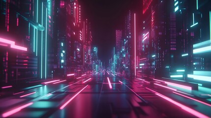 Futuristic neon-lit cityscape with glowing lines and vibrant colors at night creates a surreal atmosphere of advanced technology
